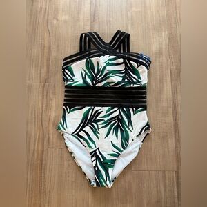 Tropical Green and Black One Piece Swimsuit with Plunging V-Neckline